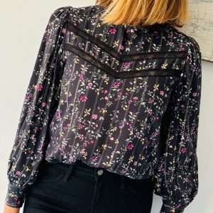Blusa Byron Manga Larga Flores Negra